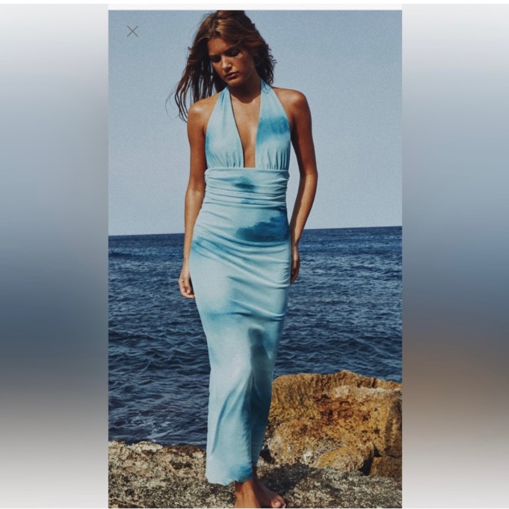 Blue Zara halter mesh midi dress. Size XS